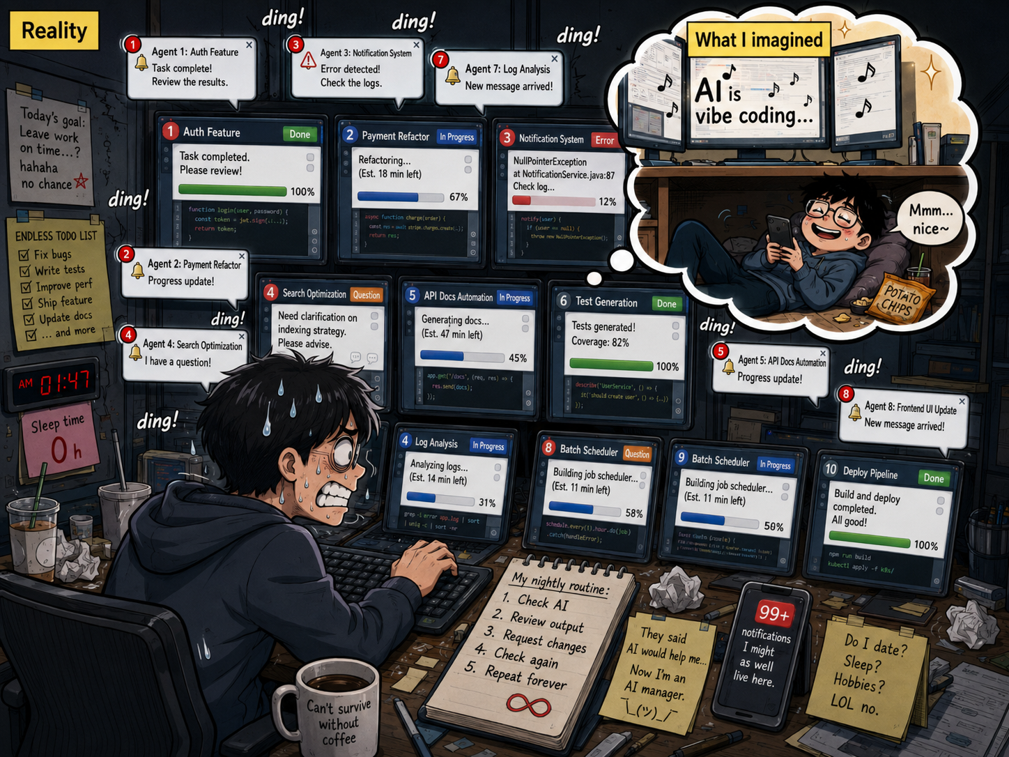 A developer surrounded by ten AI agents, drowning in notifications and review tasks