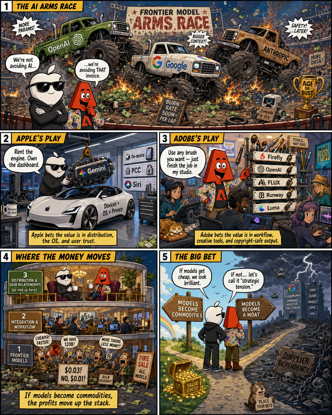 Comic-style infographic showing Apple and Adobe sitting out the frontier-model arms race while betting on distribution and workflow